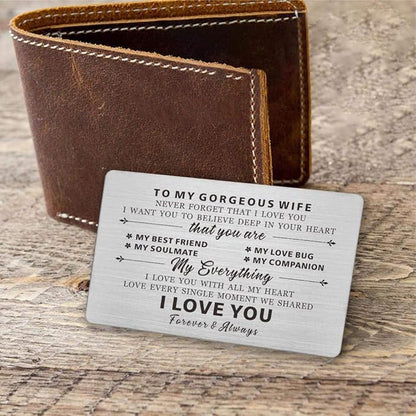 Resdink To My Gorgeous Wife Gifts, Engraved Wallet Cards for wife, Love Gifts for Wife, Anniversary Present Card for Wife Her, I Love You With All My Heart, Wife Gift from Husband