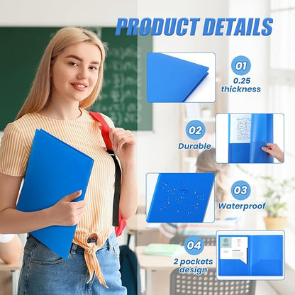 Gueevin 50 Pcs Plastic Folders with Pockets, Two Pocket Folder Fit Letter Size, Heavy Duty School Business Card Holder for Home Office School Bussiness, 11.61 x 9.45 Inches (Blue)