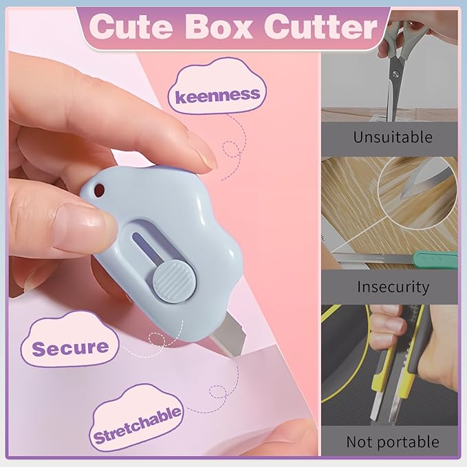 Mini Cloud Box Cutters Retractable Cute, 6 Pcs Small Utility Knives, Portable Letter Opener Slide Open with Keychain Hole, for Office School Stationery, Cutting Box Envelopes Papercutting (6)