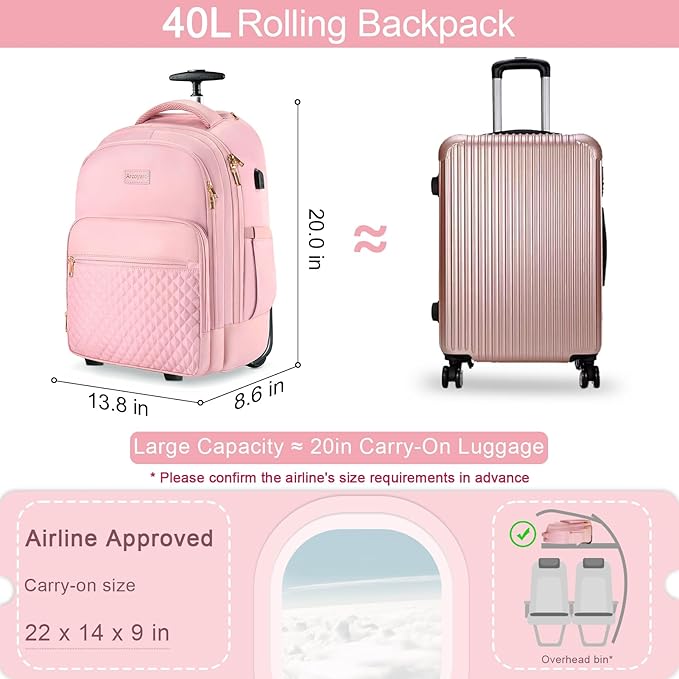 Rolling Backpack Carry On Luggage For Adults With Wheels, 40L Wheeled Backpack For Women, Travel Roller Backpack, Rolling Bag, Pink
