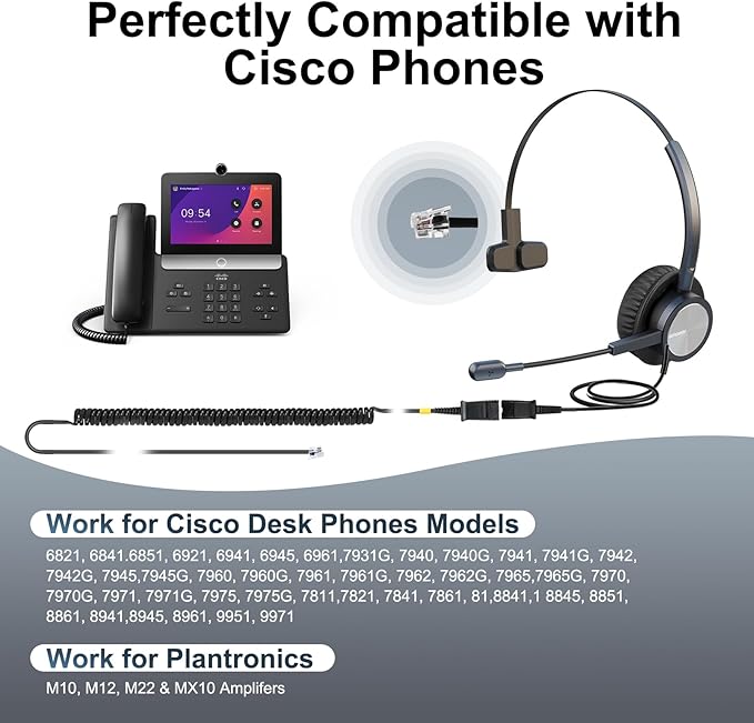 Cisco Landline Phone Headset One Ear Office Wired Telephone Headset with RJ9 Jack Works for Cisco CP-7841 7931G 7940 7941G 7942G 7945G 7960 7961G 7962G 7965G 7970 8841 8851 8961 etc