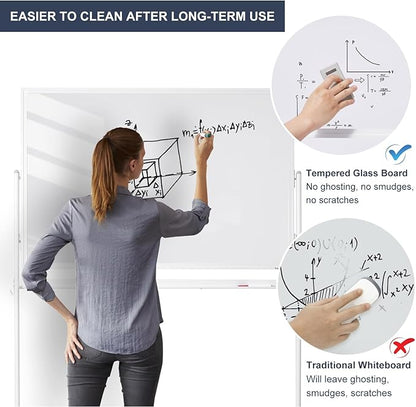 Mobile Clear Glass Whiteboard, TANKEE 48" X 32" Standing White Board on Wheels, Large Rolling Dry Erase Board with Stand, Transparent Tempered Glass Board with Paper Pad, Great for Office Home School