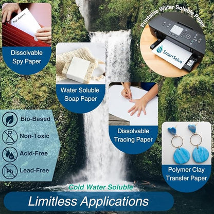 3 pt. Water-Soluble Paper | Dissolves Quickly in Water | Biodegradable | Eco-Friendly | Printer Compatible | Crafts, Drawing, Notes | Letter Size, 8.5” x 11” | Pack of 10 White Sheets