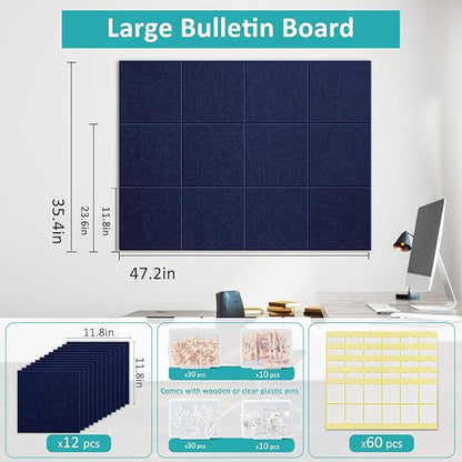 Large Cork Board Alternative - 48" x 36" Bulletin Board for Office - 12 Pack Felt Wall Tiles with Safe Removable Adhesive Tabs - Corkboard for Home & School Walls Decor - Navy Blue