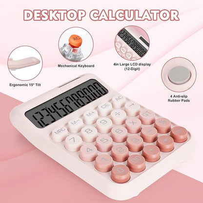 Mechanical Switch Calculator with Big Buttons, Calculators Desktop, 12 Digits, Solar Battery Power, Desk Calculator, Large LCD Display, Cute Pink Calculator for Teachers Students Basic Office