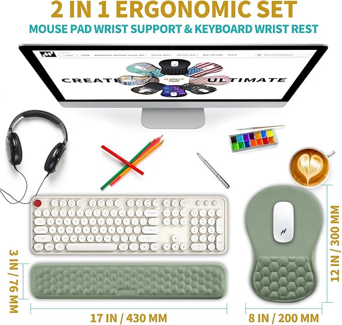 Hokafenle 2 in 1 Ergonomic Mouse Pad Wrist Support & Wrist Rest for Computer Keyboard Set, with Relieve Carpal Tunnel Pain Massage Bulge and Full Memory Gel Design (2In1 Set, Light Green)