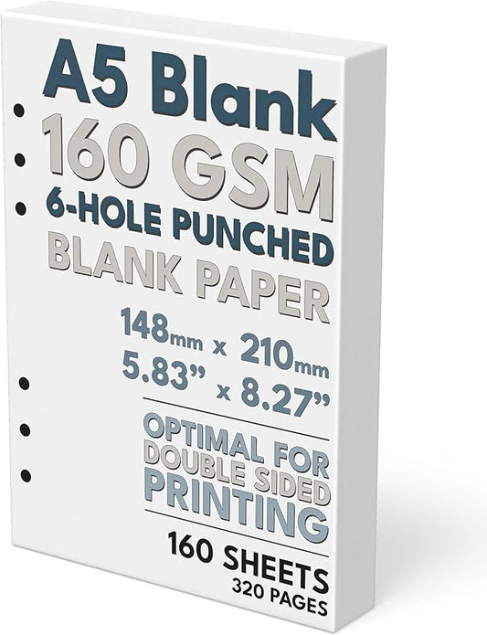 A5 Blank Paper, 160 GSM, 6-Hole Punched, 160 Sheets/320 Pages, White, 148mm x 210mm (5.83 in. x 8.27 in.)