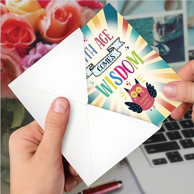 NobleWorks - Funny Happy Birthday Note Card with Envelope (4.63 x 6.75 Inch) - Bday Greeting Card for Women and Men - Congrats Bday Celebration Notecard - Age and Wisdom C9565BDG