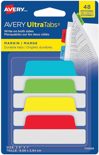 Avery Ultratabs Repositionable Margin Tabs, Two-Side Writable Index Tabs, 21/2" X 1", Assorted Primary Colours, 48 Tabs (74866)