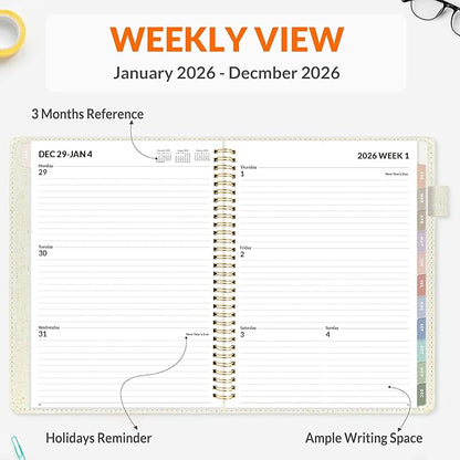 SUNEE 2026 Weekly & Monthly Planner 9"x11.2"- 12 Month (January 2026 - December 2026), Linen Cover, Pocket, Bookmark, Notes, Monthly Tab, Beige