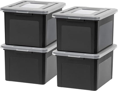 IRIS USA File Box Plastic File Organizer for Letter/Legal File, Document Box, Storage Bin Tote Organizer with Durable and Secure Latching Lid, Stackable, Nestable, BPA-Free, Black 35 Qt. 4 Pack