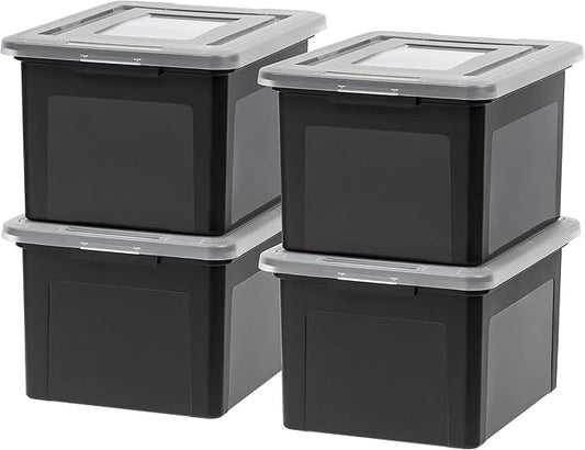 IRIS USA File Box Plastic File Organizer for Letter/Legal File, Document Box, Storage Bin Tote Organizer with Durable and Secure Latching Lid, Stackable, Nestable, BPA-Free, Black 35 Qt. 4 Pack