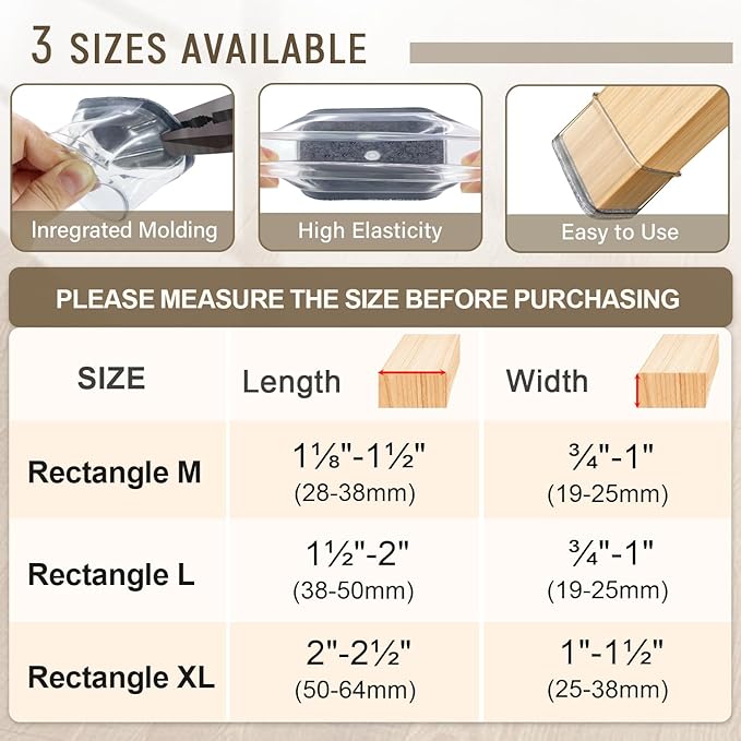 Chair Leg Floor Protectors Rectangle Chair Leg Protectors for Hardwood Floors Silicone Pads Covers to Protect Floors(Clear-40 Pcs, Rectangle M Fit (W:3/4" ~ 1",L:1-1/8"~1-1/2")