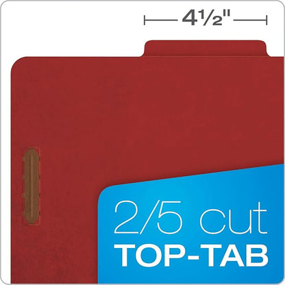 Pendaflex Recycled Classification File Folders, 2 Dividers, 2" Embedded Fasteners, 2/5 Tab Cut, Letter Size, Red (24075R), Specialty, Box of 10