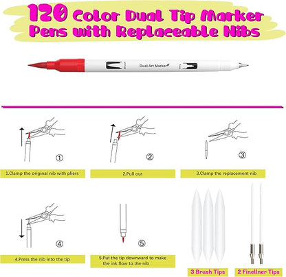 120 Color Dual Tips Brush Pens, Fine and Brush Tip Markers with Swatch Card for Adult Coloring, Art Markers Set for Journaling Calligraphy Drawing Sketching Doodling Illustrating