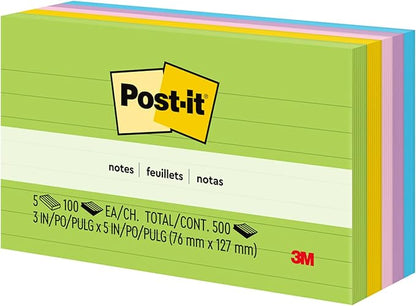 Post-it Notes, 3 in x 5 in, 5 Lined Sticky Notes Pads, 100 Sheets per Pad, Floral Fantasy Collection, School Supplies and Oﬃce Products