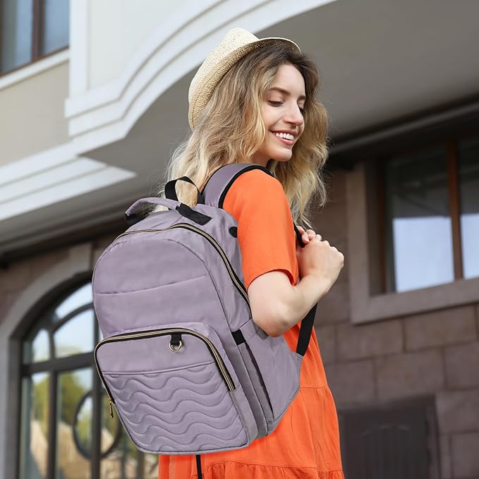 Travel Laptop Backpack for women, Work Backpack Woman with USB Charging Port, Water Resistant College Backpack, Stylish Quilted Girls Backpack Casual Daypack for 15.6 Inch Laptop, Purple