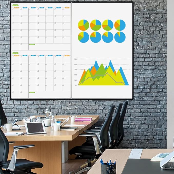 JILoffice Magnetic Foldable Dry Erase Calendar Whiteboard Combo, 2 Month Calendar Board & White Board 60 X 48 Inch, Black Aluminum Frame Wall Mounted Board for Office Home and School
