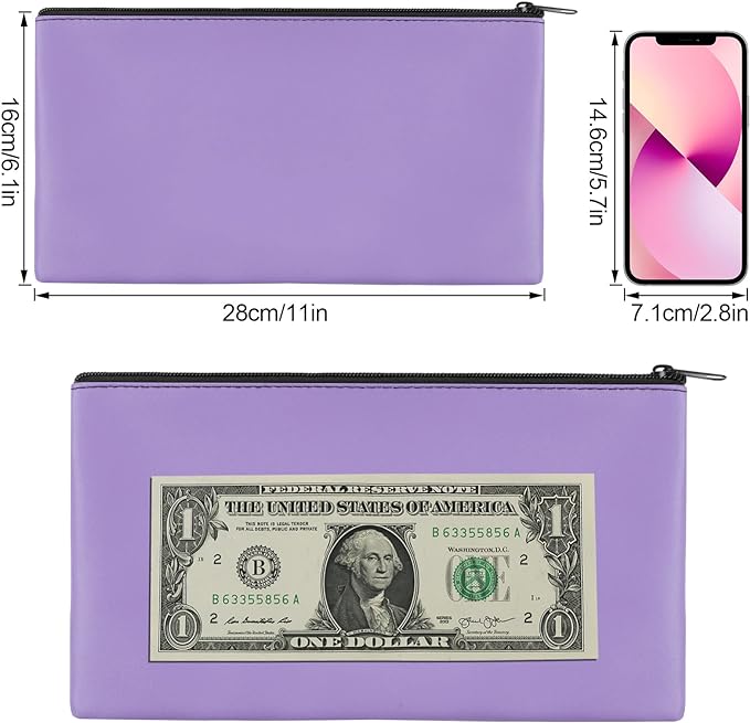2 Pieces Money Bags With Zipper , 11x6.1 inch Money Pouch, Bank Bag, Cash Bag , Check Wallet, Cosmetics(Purple)