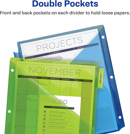 Avery Dividers for 3 Ring Binders, 5-Tab Sets, Two-Pocket Plastic Binder Dividers with Tabs, Multicolor, 1 Set (11906)