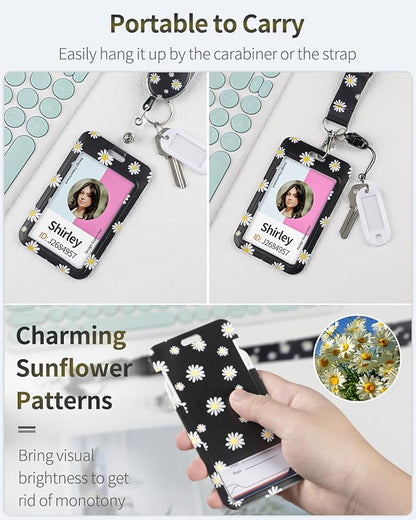 Uniclife Floral Sliding Badge Holder White Flower Plastic Case with Retractable Badge Reel Carabiner Clip & Detachable Lanyard Strap Fashionable Vertical Card Protector for Women Nurse Teacher Student