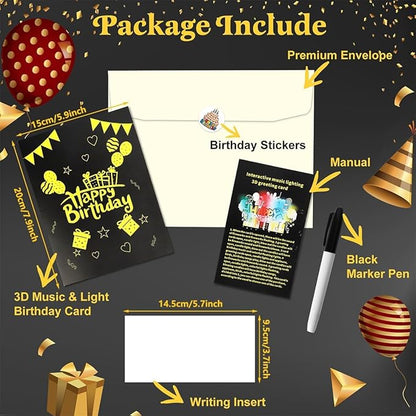 Elegant 3D Pop-Up Birthday Card with LED Lights – Blowable Candle & Music Greeting Card for Women, Mom, Daughter Black Gold