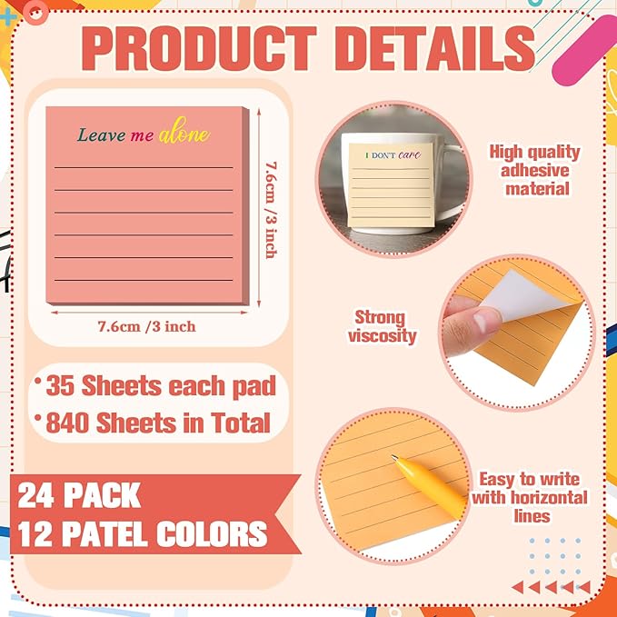 Yinder 24 Pcs Inspirational Sticky Notes with Lines Cute Motivational Sticky Notes Pad Employee Appreciation Gifts Bulk for Teacher Nurse Coworkers Office Supplies 3 x 3''(Light Color,Funny)
