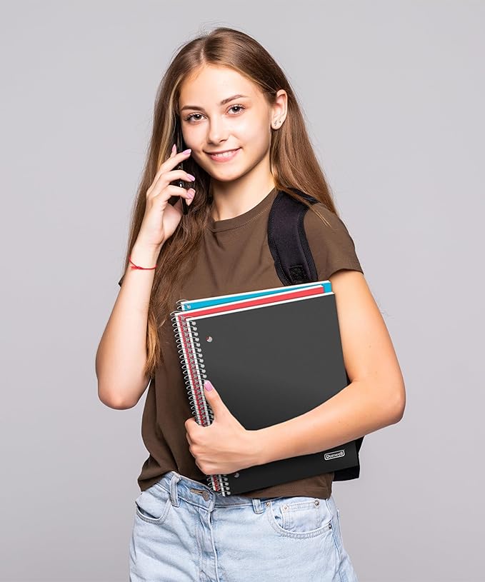 Dunwell 3-Subject Notebook College Ruled (Black), Spiral Notebook 8.5 x 11, Plastic Cover, 3 Pocket Dividers, 150 Sheets (300 Pages), 3-Hole Punched Perforated 8 1/2 x 11 Paper