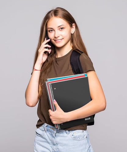 Dunwell 3-Subject Notebook College Ruled (Black), Spiral Notebook 8.5 x 11, Plastic Cover, 3 Pocket Dividers, 150 Sheets (300 Pages), 3-Hole Punched Perforated 8 1/2 x 11 Paper