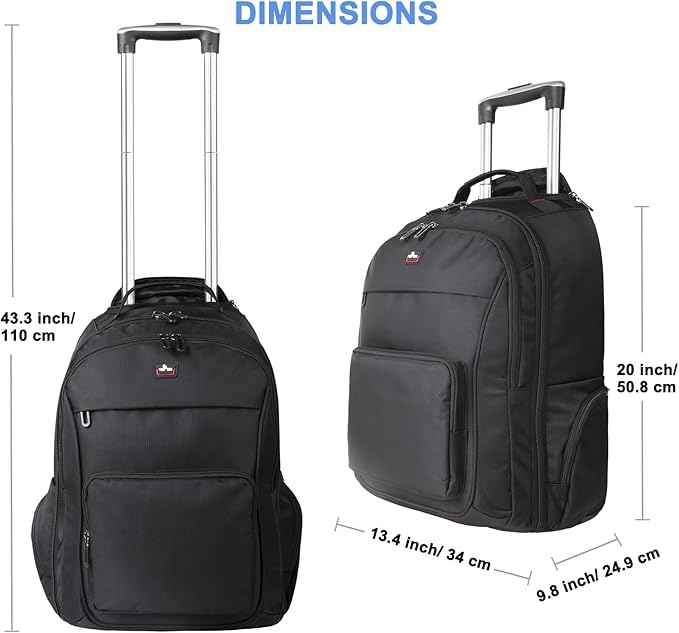 Rolling Backpack for Laptop 15.6 inch, Waterproof Travel Bag with Wheels, Business Carry on Luggage, Multi-compartments, Adjustable Aluminum Telescopic Handle, Black