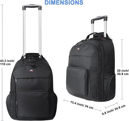 Rolling Backpack for Laptop 15.6 inch, Waterproof Travel Bag with Wheels, Business Carry on Luggage, Multi-compartments, Adjustable Aluminum Telescopic Handle, Black