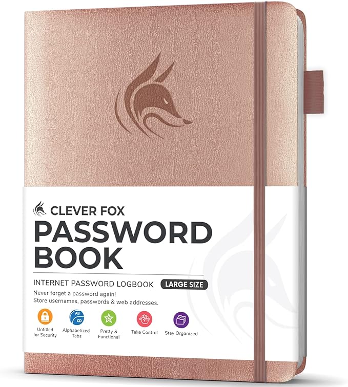 Clever Fox Password Book with Alphabetical tabs. Internet Address Organizer Logbook. Large Password Keeper for Website Logins (Rose Gold)