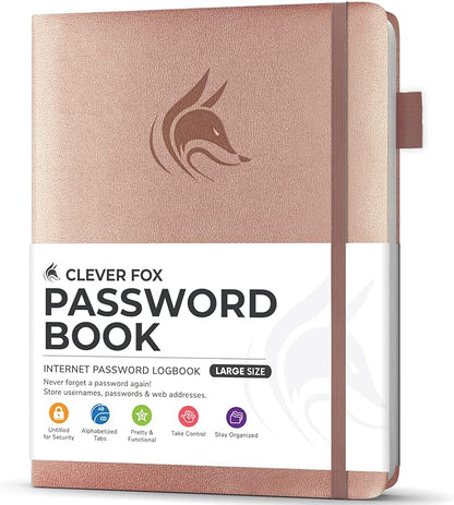Clever Fox Password Book with Alphabetical tabs. Internet Address Organizer Logbook. Large Password Keeper for Website Logins (Rose Gold)