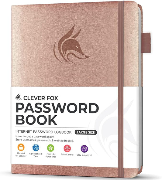 Clever Fox Password Book with Alphabetical tabs. Internet Address Organizer Logbook. Large Password Keeper for Website Logins (Rose Gold)
