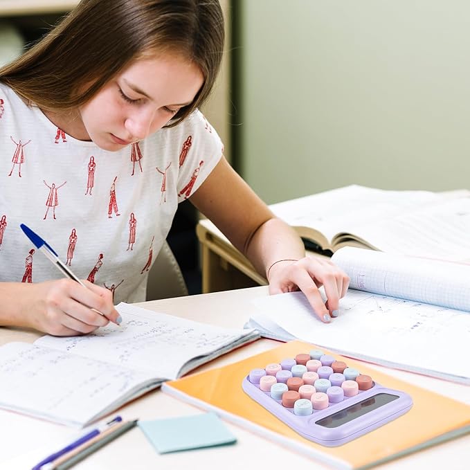Desktop Mechanical Calculator, 12-Digit Large LCD Display Basic Standard Calculators with Cute Big Buttons, Desk Accessories, for Office Home School (Purple)