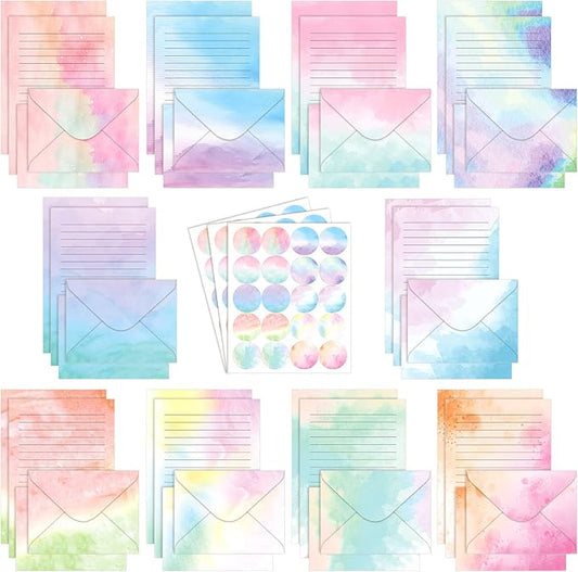 TaoBary 160 Packs Stationery Paper Set (50 Double Sided Stationery Writing Papers 50 Matching Envelopes) 60 Round Dot Sticker, 10 Design(Watercolor,5.5 x 8.25 Inch)