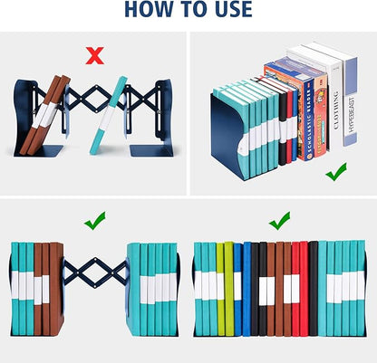 Adjustable Bookends, Heavy Duty Metal Book Ends for Book, 2 Dividers, Nonslip Book Stander for Desk, Shelf, Office, Stationery Gift, Extends up to 19 inches (Blue)