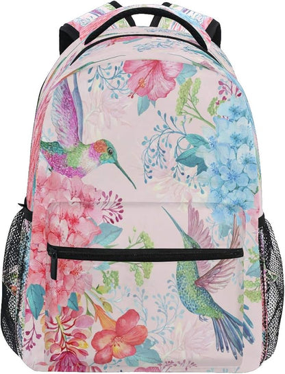 Blueangle Tropical Flowers Hummingbirds Print Backpack Casual Daypacks Outdoor Sports Rucksack School Shoulder Bag for Men Women Boys Girls