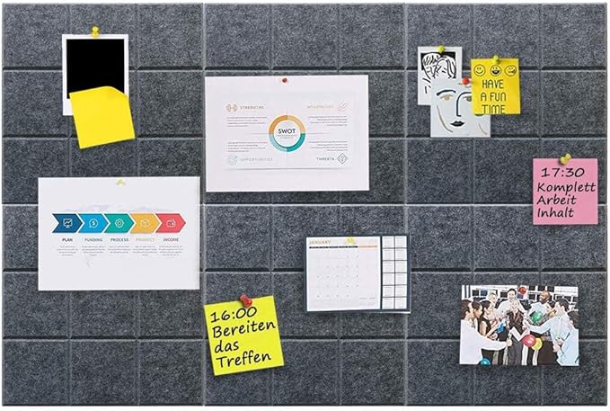 Large Cork Board Felt Board Tiles for Walls with 30 Push Pins, 11.8"x11.8" Pack of 6 Pin Board Notice Boards for Home Office Kitchen, Bulletin Board Wall Tiles for Photos Memos