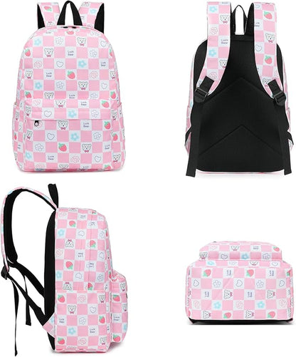 Checkered Bear School Backpack for Teens Girls, Womens College Bookbags Laptop Backpacks (Pink)