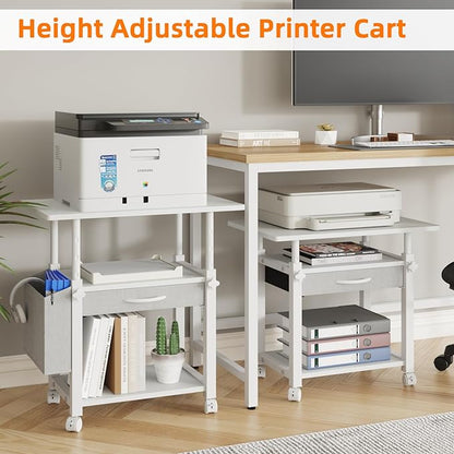 22"x15" Large Printer Stand with Storage Drawer and Side Bag, 3-Tier Height Adjustbale Printer Table for Home Office, Rolling Printer Cart fit Heat Press/Laser printer/3D Printer(White)