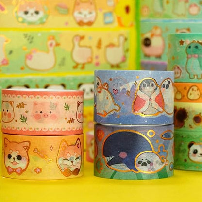 Cute Pets Washi Tape Set 13 Rolls Wide Gold Embellishment Decorative Masking Tapes for Arts, DIY Crafts, Journals, Planners, Scrapbook, Wrapping (Animal Kindergarten), 10/15/20/25mm