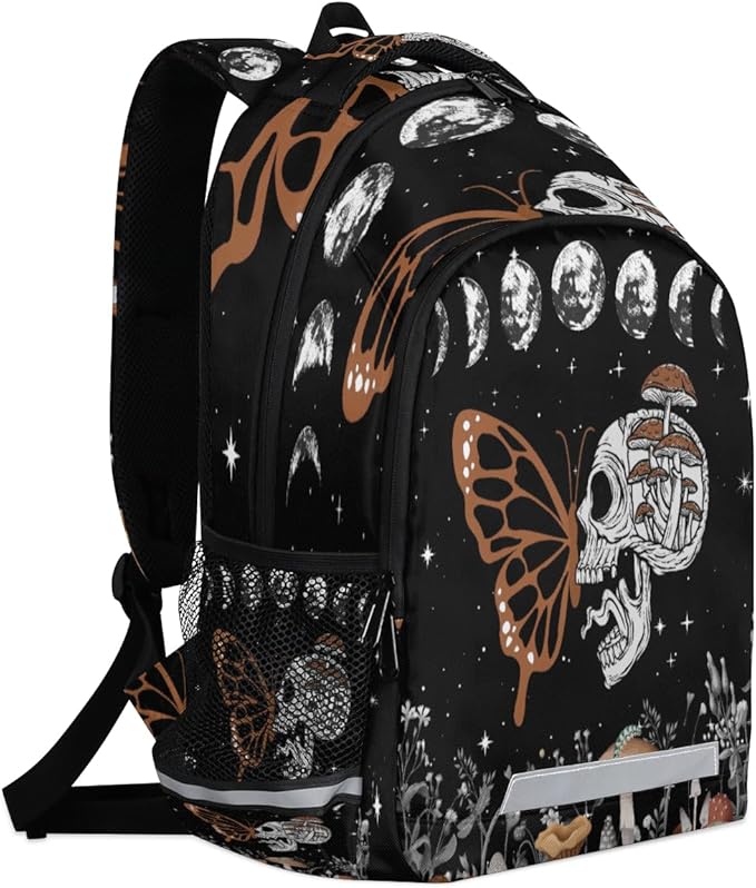 Brown Gothic Skull Butterfly Black Galaxy Space Backpack School Bookbag Laptop Purse Casual Daypack for Teen Girls Women Boys Men College Travel