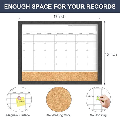 Dry Erase Calendar for Wall, 17"x13" Dry Erase Calendar Cork Board Combo, Magnetic White Board Monthly Calendar with Wood Framed, Hanging Dry Erase Board for Planner Office Kitchen Home Memo
