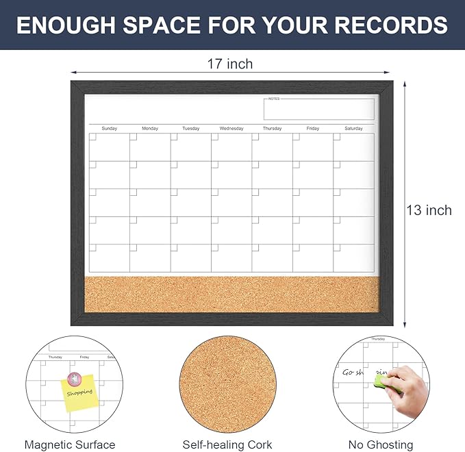 Dry Erase Calendar for Wall, 17"x13" Dry Erase Calendar Cork Board Combo, Magnetic Small White Board with Wood Framed, Hanging Dry Erase Board for Planner Office Kitchen Home Memo