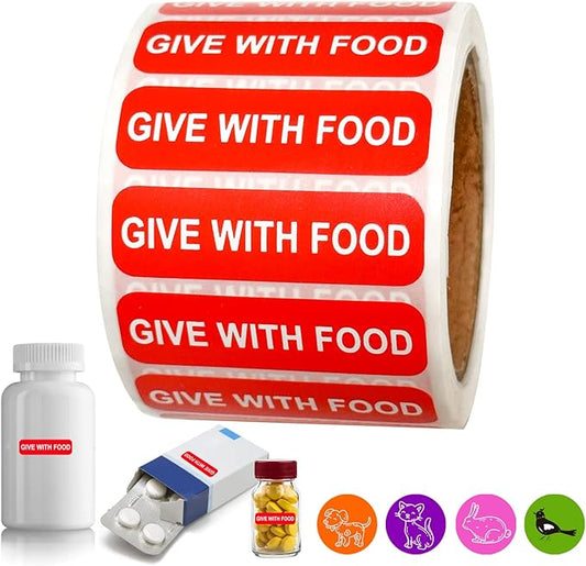 Give with Food-Veterinary Labels/Stickers, 1.5 x 0.43 inch Medication Instruction Labels for Medical Containers Pharmacies Hospitals for Drugstor Management, 500 Labels per roll (Red)
