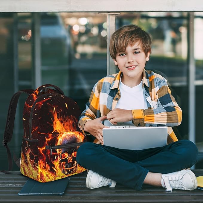 Flaming Skeleton Laptop Book Bag Daily Backpack Large Capacity Universal Waterproof Fire Skull Bags With Adjustable Straps Lightweight Breathable Leisure Travel Camping Backpack 15x11in