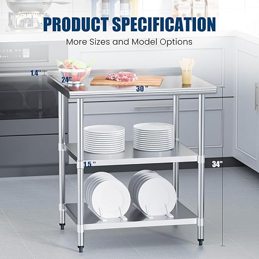 Stainless Steel Table 24 x 30 Inches Metal Work Table with 2 Adjustable Undershelves & Backsplash for Commercial Kitchen, Outdoor, Restaurant, Hotel & Garage