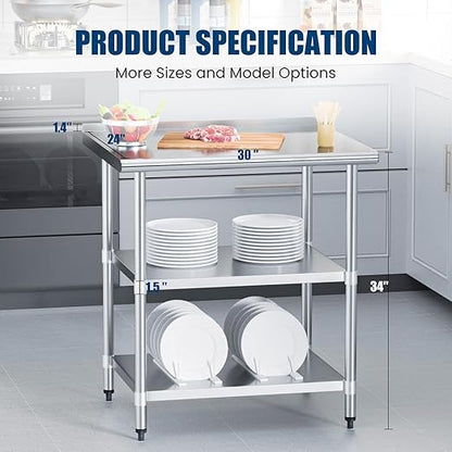 Stainless Steel Table 24 x 30 Inches Metal Work Table with 2 Adjustable Undershelves & Backsplash for Commercial Kitchen, Outdoor, Restaurant, Hotel & Garage
