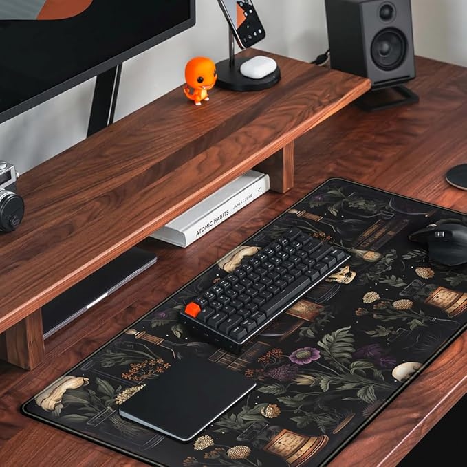 Vintage Aesthetic Desk Mat Black Academia Desk Mouse Pad XL Extended Large Gaming Desk Mousepad Mystical Green Plant Computer Laptop Keyboard and Mouse Mat Desktop Protector Mat 31.5 x 15.8 in